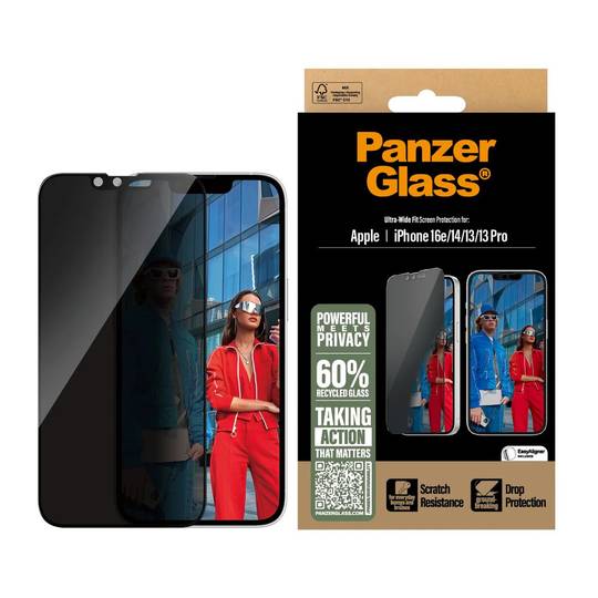 PanzerGlass iPhone 16e/14/13/13 Pro öryggisgler með skjásíu