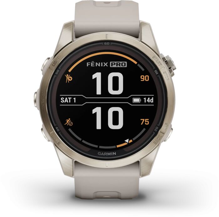 Garmin Fēnix 7S Pro Sapphire Solar snjallúr 42mm - Gyllt / Drapplitað