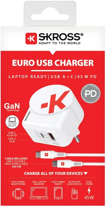 Skross 45W GaN 2x USB PD hleðslutæki með USB-C snúru