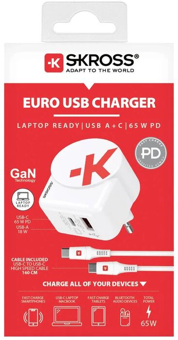 Skross 65W GaN 2x USB PD hleðslutæki með USB-C snúru