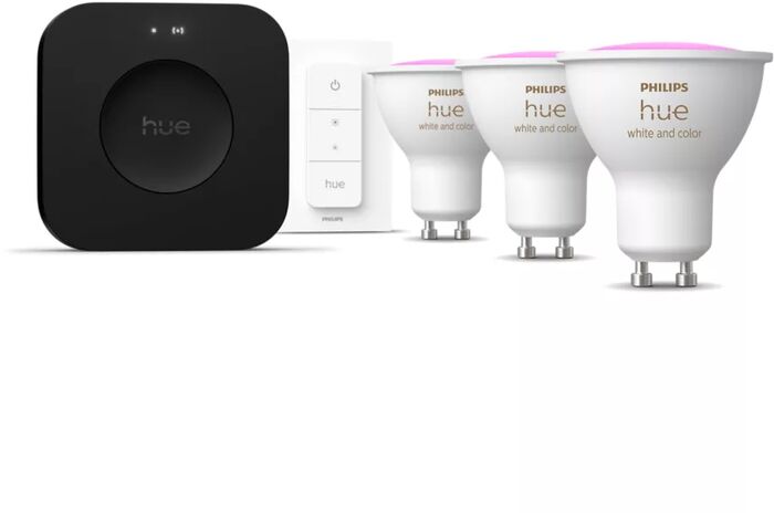 Philips Hue White og Color Ambiance 5W GU10 sett (3 perur + Hue tengistöð + Dimmir)