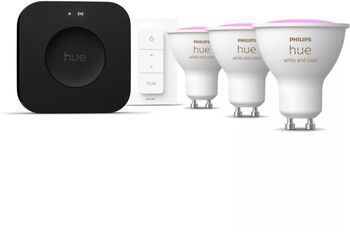 Philips Hue White og Color Ambiance 5W GU10 sett (3 perur + Hue tengistöð + Dimmir)