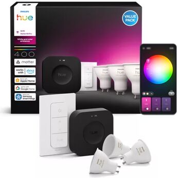 Philips Hue White og Color Ambiance 5W GU10 sett (3 perur + Hue tengistöð + Dimmir)