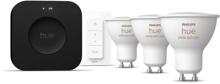 Philips Hue White og Color Ambiance 5W GU10 sett (3 perur + Hue tengistöð + Dimmir)