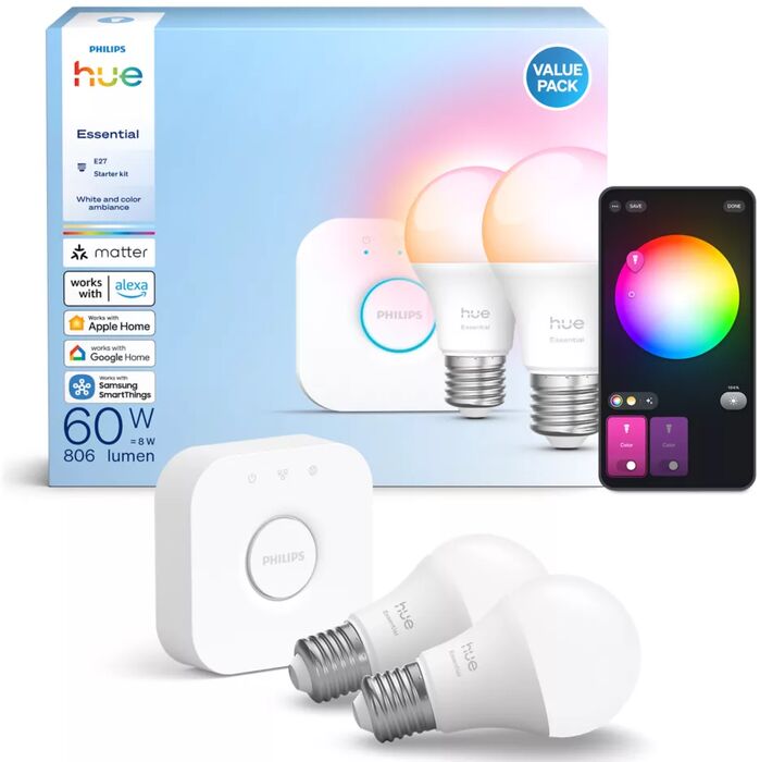 Philips Hue Essential White og Color Ambiance E27 sett (2 perur + Hue tengistöð)