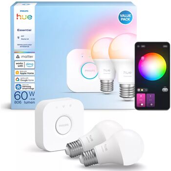 Philips Hue Essential White og Color Ambiance E27 sett (2 perur + Hue tengistöð)