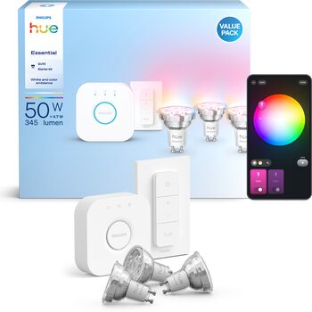 Philips Hue Essential White og Color Ambiance GU10 sett (3 perur + Hue tengistöð + Dimmir)