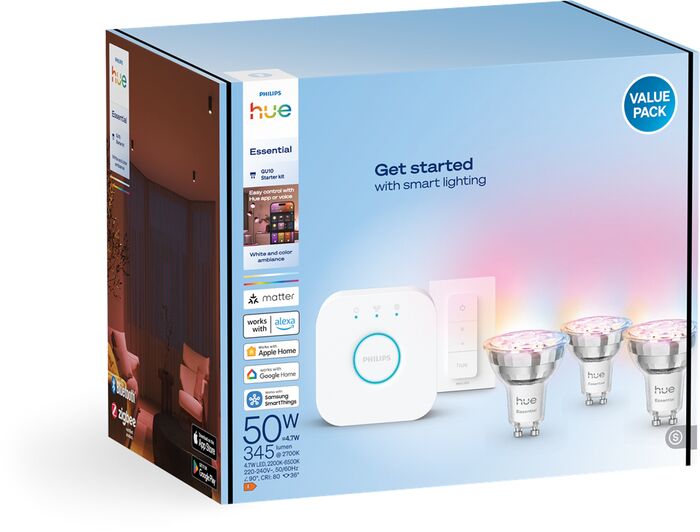 Philips Hue Essential White og Color Ambiance GU10 sett (3 perur + Hue tengistöð + Dimmir)
