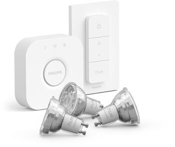 Philips Hue Essential White og Color Ambiance GU10 sett (3 perur + Hue tengistöð + Dimmir)