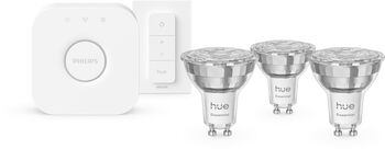 Philips Hue Essential White og Color Ambiance GU10 sett (3 perur + Hue tengistöð + Dimmir)