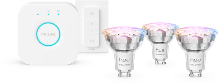 Philips Hue Essential White og Color Ambiance GU10 sett (3 perur + Hue tengistöð + Dimmir)