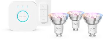 Philips Hue Essential White og Color Ambiance GU10 sett (3 perur + Hue tengistöð + Dimmir)