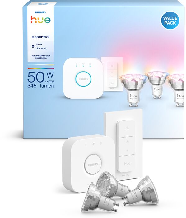 Philips Hue Essential White og Color Ambiance GU10 sett (3 perur + Hue tengistöð + Dimmir)