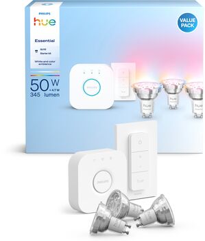 Philips Hue Essential White og Color Ambiance GU10 sett (3 perur + Hue tengistöð + Dimmir)