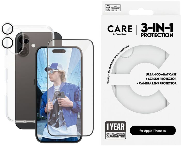 CARE iPhone 16 3-í-1 pakki - Glær