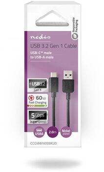 Nedis USB-A í USB-C 3.2 Gen 1 snúra - Svört 2 metrar 