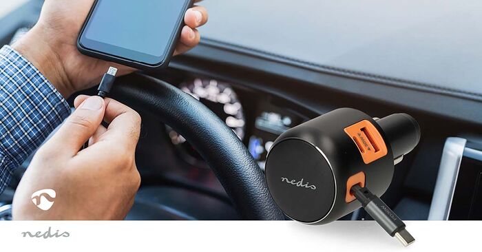 Nedis 60 W bílhleðslutæki með útdraganlegri USB-C snúru - Dökkgrátt