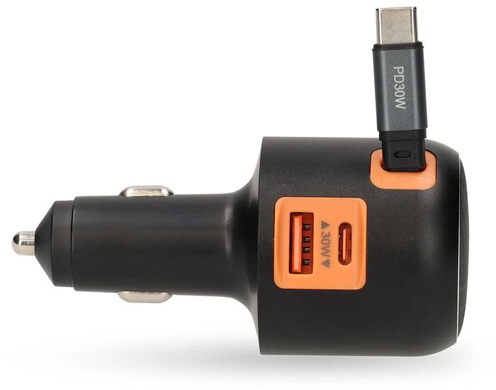 Nedis 60 W bílhleðslutæki með útdraganlegri USB-C snúru - Dökkgrátt