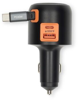 Nedis 60 W bílhleðslutæki með útdraganlegri USB-C snúru - Dökkgrátt
