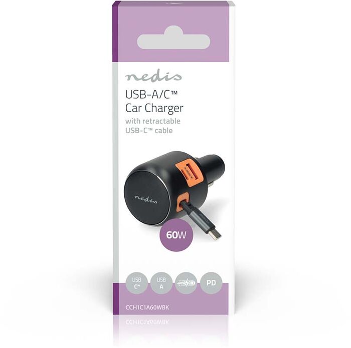 Nedis 60 W bílhleðslutæki með útdraganlegri USB-C snúru - Dökkgrátt