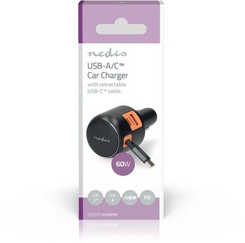 Nedis 60 W bílhleðslutæki með útdraganlegri USB-C snúru - Dökkgrátt