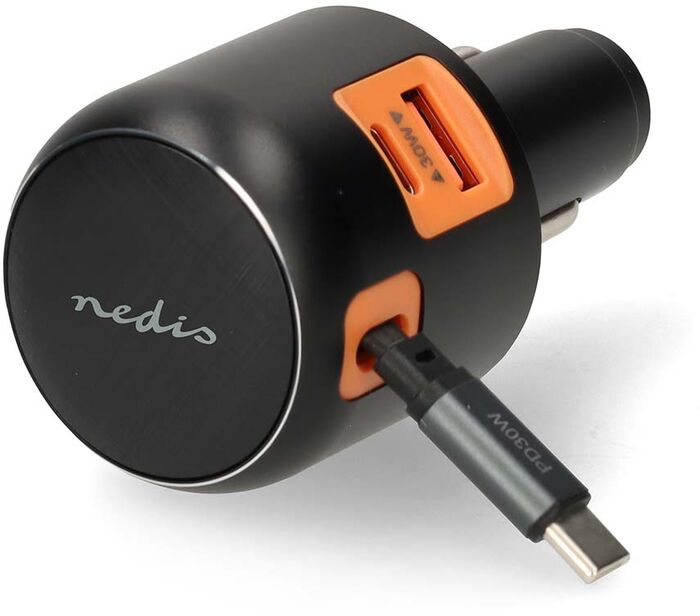 Nedis 60 W bílhleðslutæki með útdraganlegri USB-C snúru - Dökkgrátt