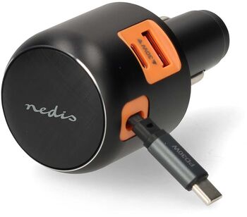 Nedis 60 W bílhleðslutæki með útdraganlegri USB-C snúru - Dökkgrátt