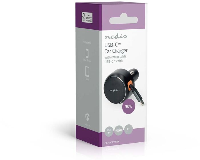 Nedis hleðslutæki í bíl m. útraganlega snúru - Svart