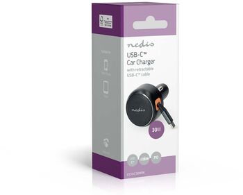 Nedis hleðslutæki í bíl m. útraganlega snúru - Svart