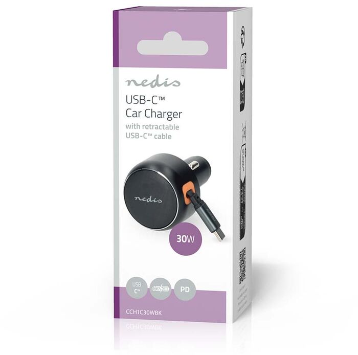 Nedis hleðslutæki í bíl m. útraganlega snúru - Svart