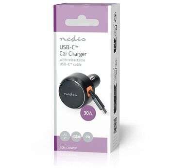 Nedis hleðslutæki í bíl m. útraganlega snúru - Svart