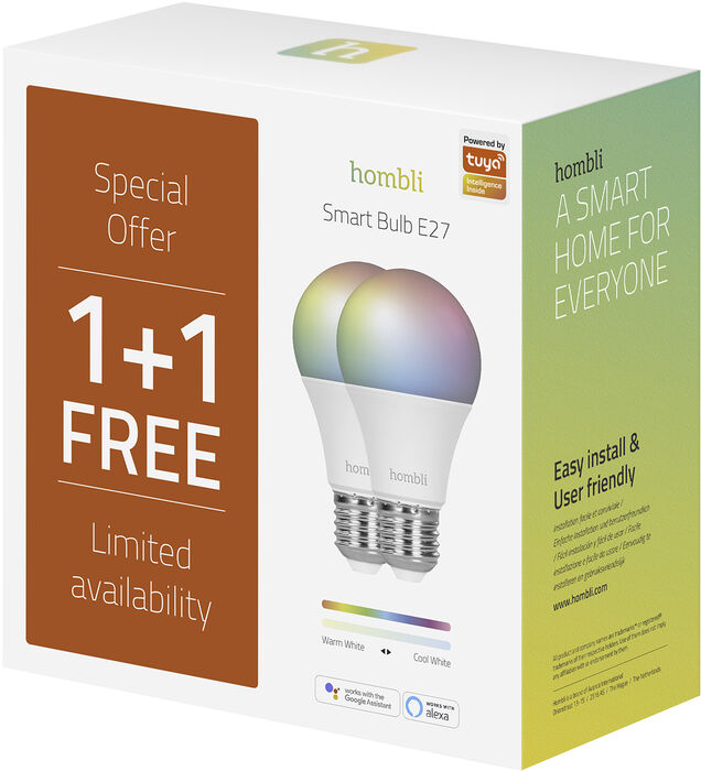 Hombli RGB snjallpera - 9W E27 - 2 stk