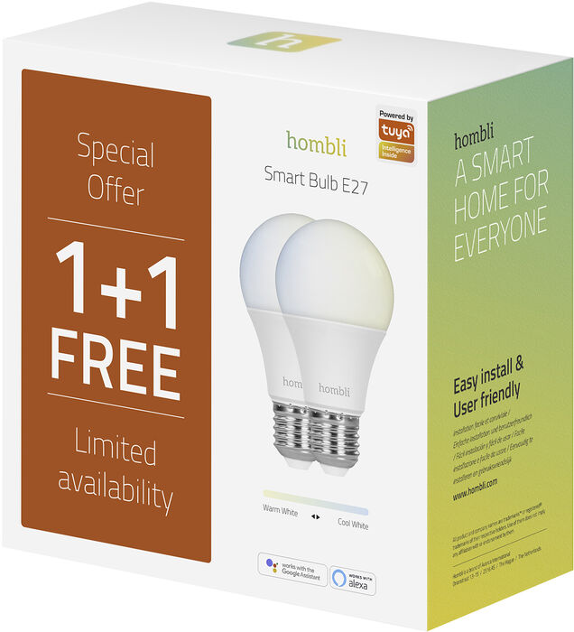 Hombli hvít snjallpera - 9W E27 - 2 stk
