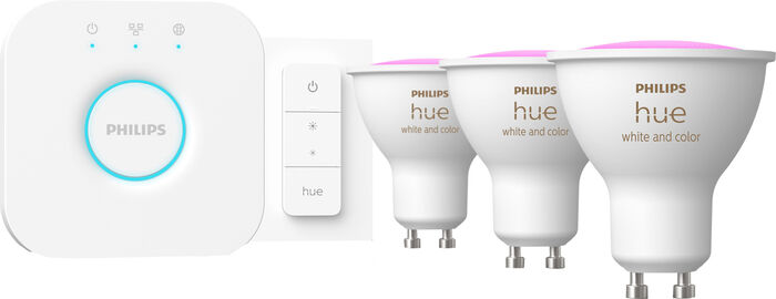 Philips Hue White og Color Ambiance GU10 sett (3 perur + Hue tengistöð + Dimmir)