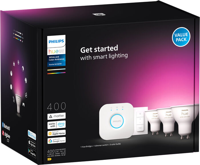 Philips Hue White og Color Ambiance GU10 sett (3 perur + Hue tengistöð + Dimmir)