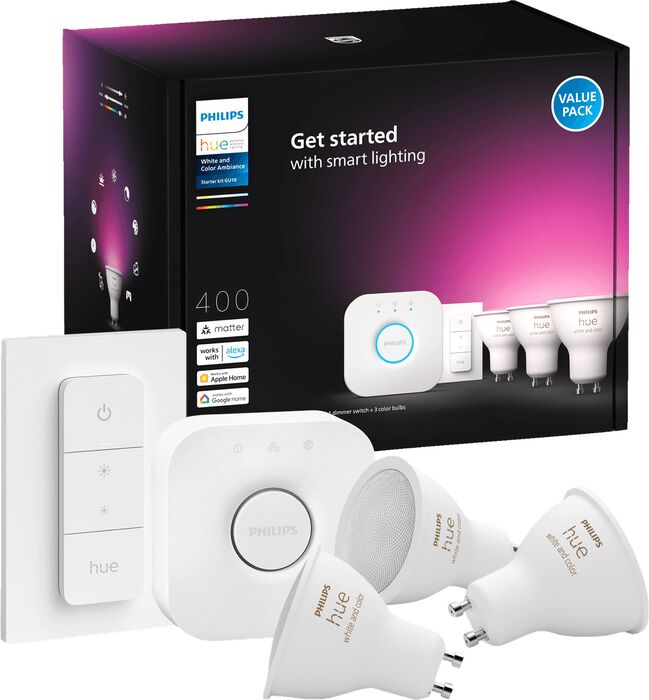 Philips Hue White og Color Ambiance GU10 sett (3 perur + Hue tengistöð + Dimmir)