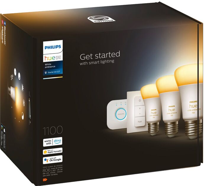 Philips Hue White Ambiance 8W A60 E27 sett (3 perur + Hue tengistöð + Dimmir)
