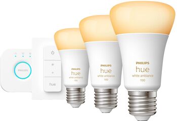 Philips Hue White Ambiance 8W A60 E27 sett (3 perur + Hue tengistöð + Dimmir) 