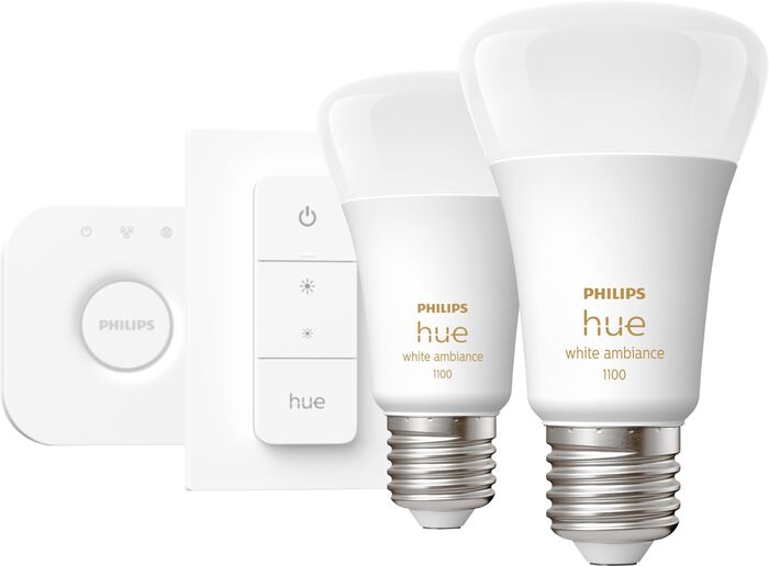 Philips Hue White Ambiance 8W A60 E27 sett (2 perur + Hue tengistöð + Dimmir) 