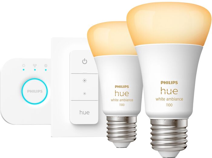 Philips Hue White Ambiance 8W A60 E27 sett (2 perur + Hue tengistöð + Dimmir) 