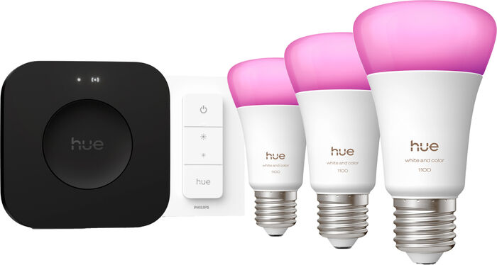 Philips Hue White 5W A60 E27 sett (3 perur + Hue tengistöð + Dimmir)