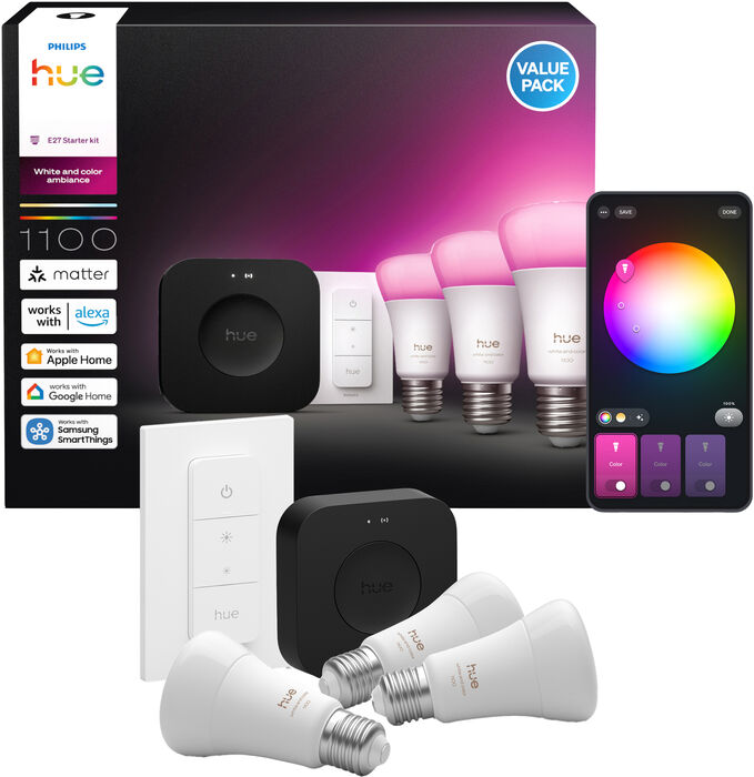 Philips Hue White 5W A60 E27 sett (3 perur + Hue tengistöð + Dimmir)