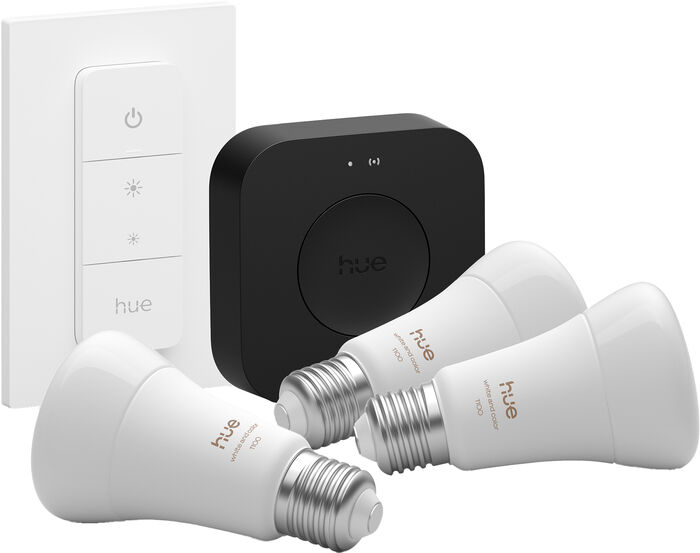 Philips Hue White 5W A60 E27 sett (3 perur + Hue tengistöð + Dimmir)