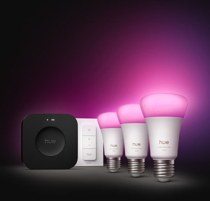 Philips Hue White 5W A60 E27 sett (3 perur + Hue tengistöð + Dimmir)