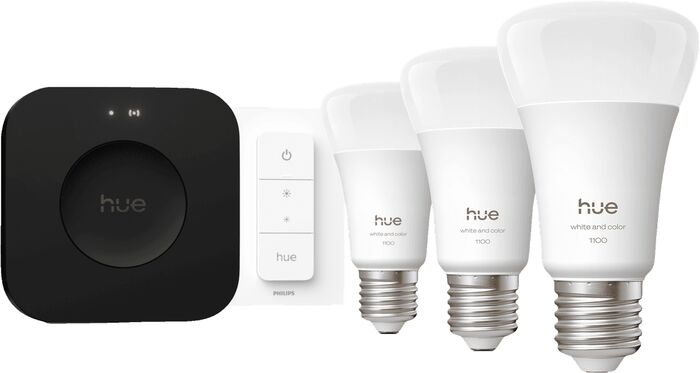 Philips Hue White 5W A60 E27 sett (3 perur + Hue tengistöð + Dimmir)