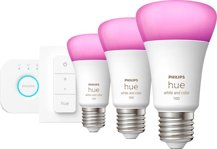 Philips Hue White og Color Ambiance E27 sett (3 perur + Hue tengistöð + Dimmir)