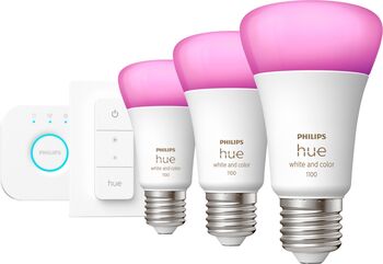 Philips Hue White og Color Ambiance E27 sett (3 perur + Hue tengistöð + Dimmir)