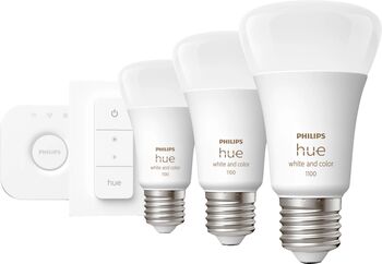 Philips Hue White og Color Ambiance E27 sett (3 perur + Hue tengistöð + Dimmir)