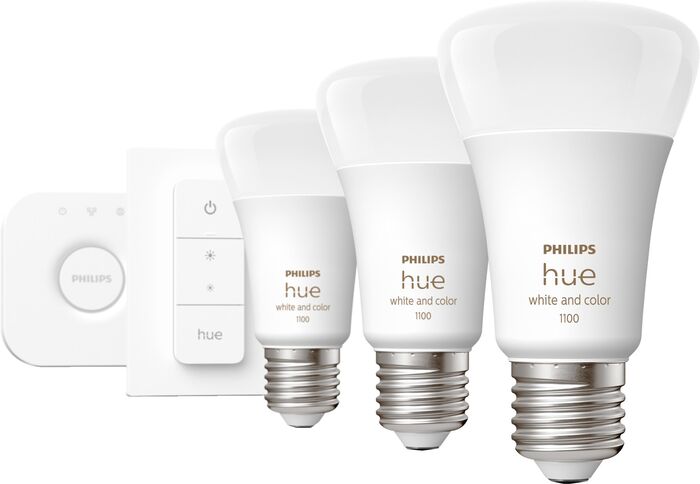 Philips Hue White og Color Ambiance E27 sett (3 perur + Hue tengistöð)