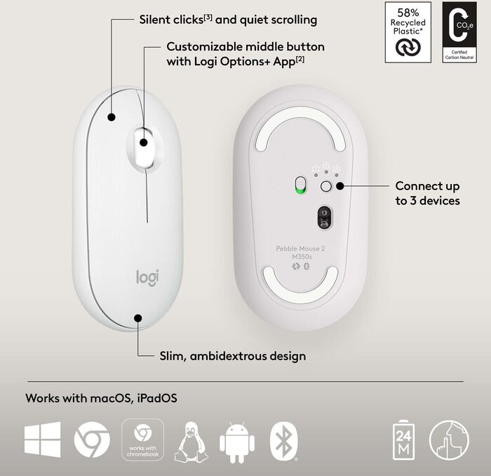 Logitech Pebble Mouse 2 þráðlaus mús - Hvít